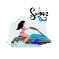 Summer postcard with a picture of a girl. Hello summer lettering. Vector illustration. Isolated on white background