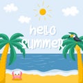 Summer postcard with seascape, palm trees, beach and toucan and crab. Square card Hello summer. Template for media and