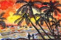 Sunset palms ocean sea orange yellow black vacation watercolor illustration Royalty Free Stock Photo