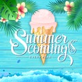 Summer poster on blue wooden background. Lettering typograrhy poster summer coming every year