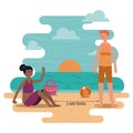 Summer poster with a e man and woman talking and sunbathing. happy couple. Great banner for beach party, hotel vacation ads. Summe