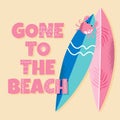 Summer poster Gone to the beach with surfboards and crab. Vector illustration with texture. Royalty Free Stock Photo