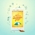 Summer poster. Hello summer, typographic inscription on white smartphone. Summer icons. Vector illustration.