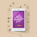 Summer poster. Hello summer, typographic inscription on white smartphone. Vector illustration.