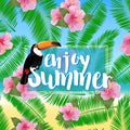 Summer poster with palm leaves, seashore, flower hibiscus and toucan.