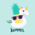 Summer poster pool floating with unicorn and pineapple.