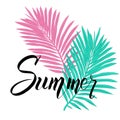 Summer poster with tropical palm leaf and handwriting lettering.