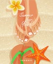 Summer poster with woman's legs and flip-flops on sandy beach background