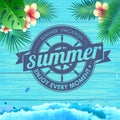 Summer poster on blue wooden background. Lettering poster summer vacation, enjoy enery moment Royalty Free Stock Photo