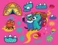 Summer print with cute Tasmanian devil and the wombat tourist in cartoon style. Vector illustration