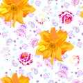 Summer print for fabric with huge yellow dahlia, pink zinnia and little fantasy flowers on white background. Seamless pattern Royalty Free Stock Photo