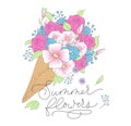 Summer print with ice-cream, flowers and lettering inscription