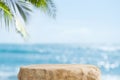 Summer product display on wooden podium at sea tropical beach