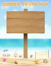Summer promotion wood board on sea sand beach