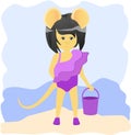 Cartoon rat  in a swimsuit and a bucket in her hands on the beach. Year of the rat. Chinese horoscope. Beauty mouse. Royalty Free Stock Photo