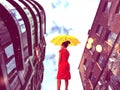 summer rain city woman with umbrella walk on street big building windows vitrines blurred light ,urban lifestyle Royalty Free Stock Photo