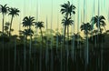 Summer rain in tropic jungle palm trees rainforest. Landscape with rain weather. Jets of water pour from sky. Cartoon