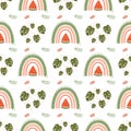 Summer rainbow pattern. Cute watermelon pattern. Summer fruit rainbow tropical leaves seamless background.