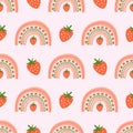 Summer rainbow pattern. Pink strawberry pattern. Summer berry fruit rainbow seamless background. Cute print