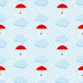 Summer rainy day sky cute vector seamless pattern with fluffy clouds and red umbrella on blue heaven background Royalty Free Stock Photo