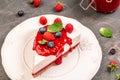 Summer raspberry and blueberry no bake cheesecake, banner menu recipe place for text, top view