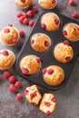 Summer raspberry muffins with white chocolate close-up in a muffin pan. Vertical top view Royalty Free Stock Photo