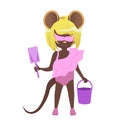 Cartoon tanned rat with a shovel and a bucket in her hands. Year of the rat. Chinese horoscope. Beauty mouse. Royalty Free Stock Photo