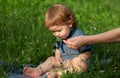 Summer ration, childcare. Good morning on the Farm. Mothers hand feeding baby with a spoon. Cute little baby is being Royalty Free Stock Photo