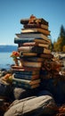 Summer reading on the coast, books pile, and scenic coastal splendor