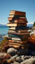 Summer reading on the coast, books pile, and scenic coastal splendor