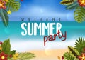 Summer realistic background with text and exotic leaves, summer party time illustration. Beach tropical sea bright sun. Vector Royalty Free Stock Photo