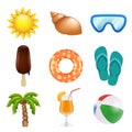 Summer realistic icons. Travel and summer holidays symbols