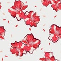 Summer red floral seamless pattern with Japanese cherry blossom florals, flowers of the sakura. Oriental style. Vector Royalty Free Stock Photo