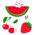 Summer red fruits set. Watermelon, cherry and strawberry. Vector Royalty Free Stock Photo