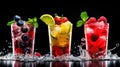 mocktails refreshing in glasses with berries, Strawberry and lemon, raspberry, and blueberry lemonade. Generative Ai