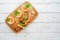 Summer refreshing fruit drinks with ice on a grey background. Flat lay, top view Royalty Free Stock Photo