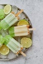 Summer refreshing homemade lime popsicles with chipped ice over stone background Royalty Free Stock Photo