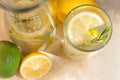 Summer refreshing lemonade drink with ingredients on light table, closeup Royalty Free Stock Photo