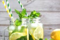 Summer refreshing water with cucumber, lemon, mint and ice in mason jar on a white wooden background. Rustic. Royalty Free Stock Photo