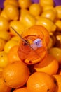 Summer refreshment aperitif cocktail in wine glass with ice rocks, bamboo straw and sliced oranges in fresh oranges background. Royalty Free Stock Photo