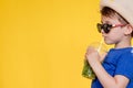 Summer refreshment. Cold beverage. Little boy with plastic cup of fresh lemonade Royalty Free Stock Photo