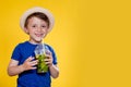Summer refreshment. Cold beverage. Little boy with plastic cup of fresh lemonade Royalty Free Stock Photo