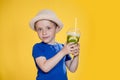 Summer refreshment. Cold beverage. Little boy with plastic cup of fresh lemonade Royalty Free Stock Photo