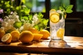 Summer Refreshment: Dewy Glass of Lemonade with Fresh Lemon Slice Royalty Free Stock Photo