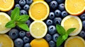 Summer Refreshment Lemonade with Fresh Lemon, Orange, Blueberries, and Mint Leaves on a Vibrant Background. created with