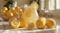 summer refreshments, lemons squeezed into a pitcher of lemonade, set on a marble countertop, waiting to be savored