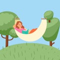 Summer relax girl in hammock in nature outdoors, summertime holiday cartoon vector illustration.