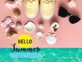 Summer Relax Time Sneakers , yellow shoes  seashell and flowers on a pink background ,women shoes accessories  vibes text letterin Royalty Free Stock Photo