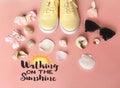 Summer Relax Time Sneakers , yellow shoes seashell and flowers on a pink background ,women shoes accessories vibes text letterin