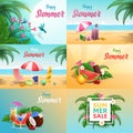 Summer relax vector banners set. Seaside resort, summertime vacation typography with sandy beach, exotic fruit and